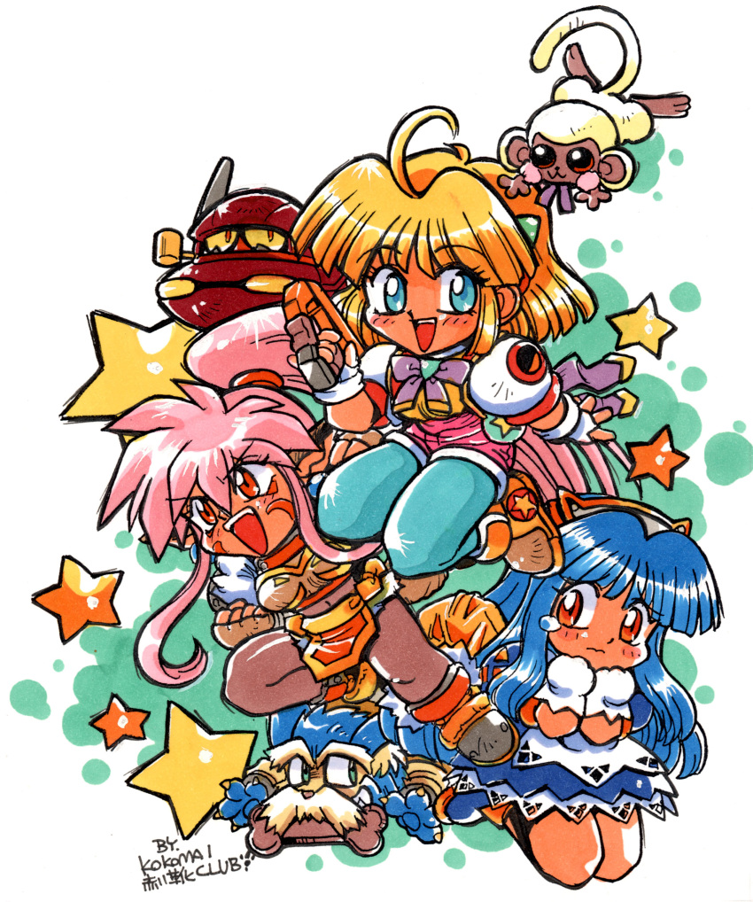 2boys, 3girls, absurdres, ahoge, animal, animal_ears, animal_hands, apron