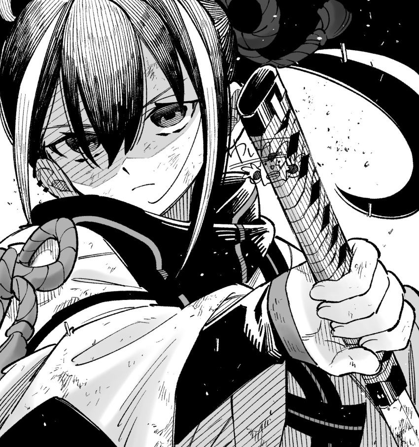 1girl, black_eyes, black_hair, black_scarf, fate/grand_order, fate_(series), greyscale, highres