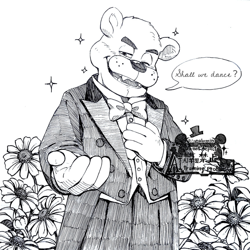1boy, black_pants, black_suit, blush, bow, bowtie, commentary_request, conabemin