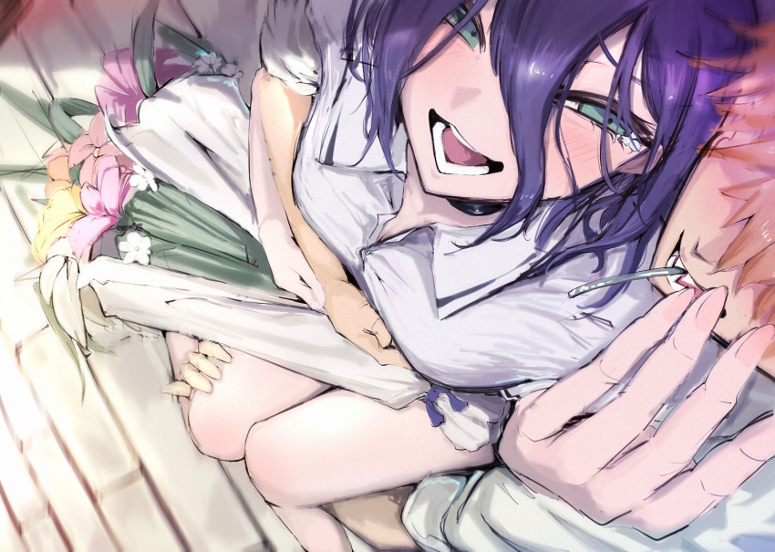 1boy, 1girl, bare_legs, blush, bouquet, breasts, carrying, chainsaw_man