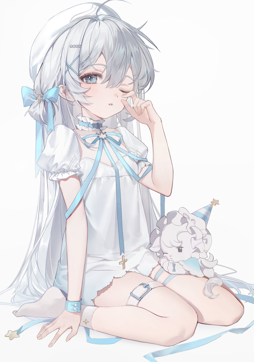 1girl, 2833osi, absurdres, ahoge, ankle_socks, arm_support, belt, belt_collar