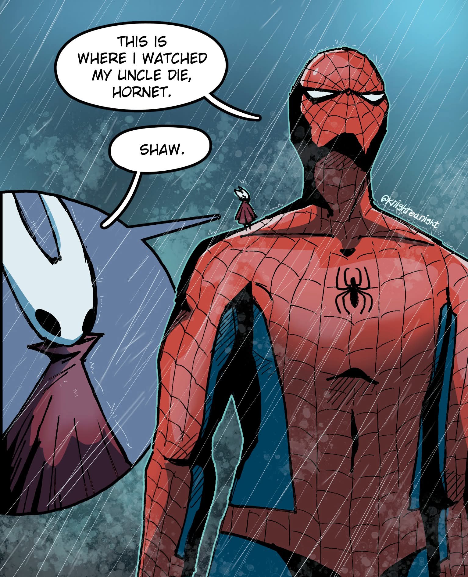 1boy, 1girl, arthropod_girl, artist_name, cloak, english_text, full_body, highres, hollow_eyes, hollow_knight, hollow_knight:_silksong, horned_mask, hornet_(hollow_knight), knighteanight, marvel, mask, meme, mini_person, minigirl, night, on_shoulder, outdoors, rain, red_cloak, speech_bubble, spider-man, spider-man_(series), upper_body, white_mask