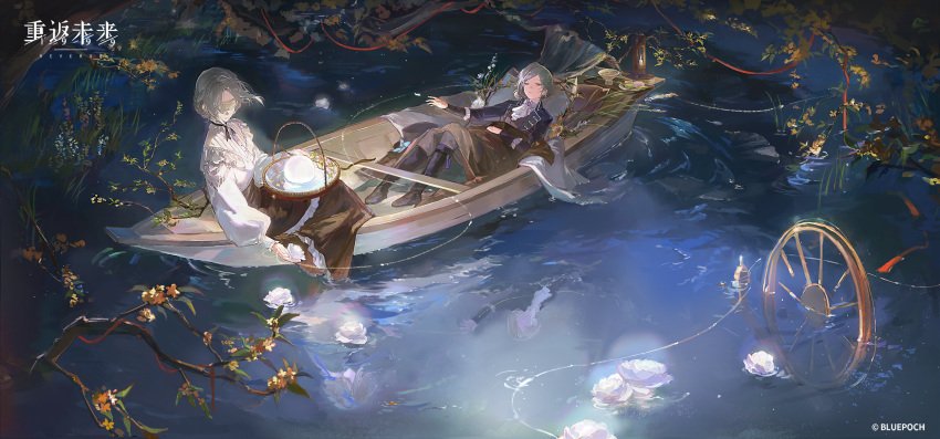 2girls, ascot, basket, black_boots, black_coat, blanket, blindfold, boat