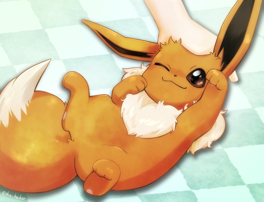1other, ;3, absurdres, arm_up, checkered_floor, drop_shadow, eevee, hand_up, happy, highres, ku_hako, lying, on_back, on_floor, one_eye_closed, pokemon, pokemon_(creature), pokemon_focus, smile, twitter_username