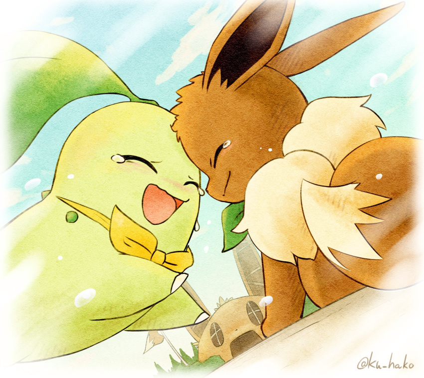blue_sky, border, bow, bowtie, canvas_texture, chikorita, closed_eyes, closed_mouth