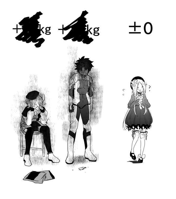1boy, 2girls, abigail_williams_(fate), abigail_williams_(first_ascension)_(fate), bow, censored, censored_text, dress