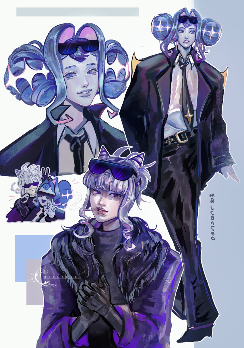 2girls, black_suit, blue_eyes, blue_hair, coat, cone_hair_bun, double_bun, eyewear_on_head