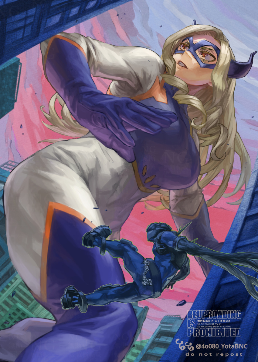 1boy, 1girl, absurdres, blonde_hair, bodysuit, boku_no_hero_academia, city, domino_mask