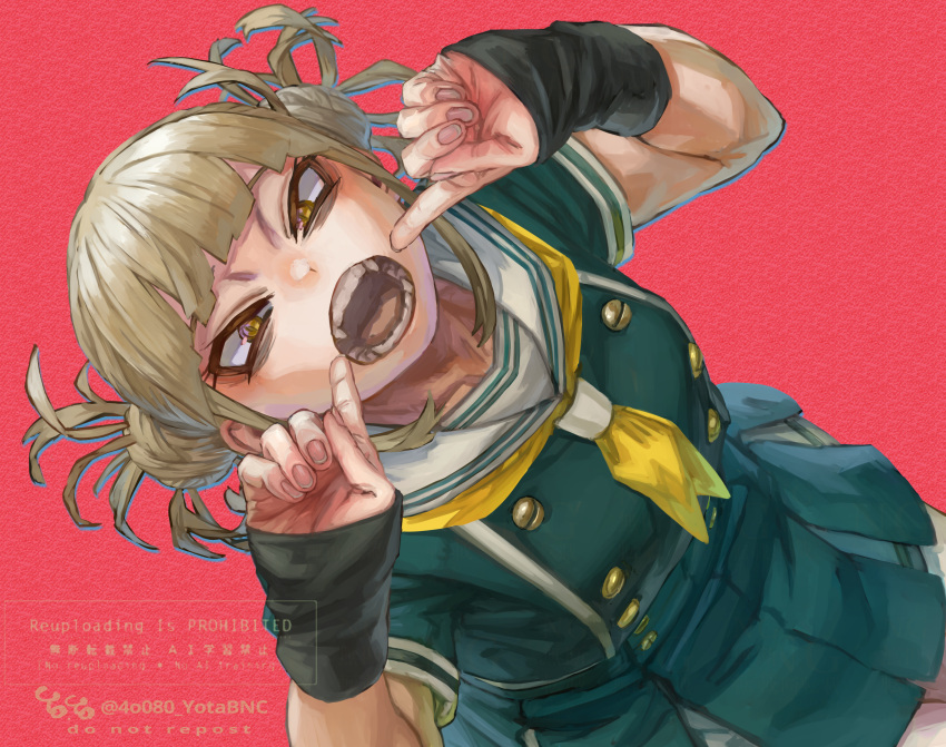 1girl, absurdres, arm_warmers, blonde_hair, boku_no_hero_academia, double_bun, dress, green_dress