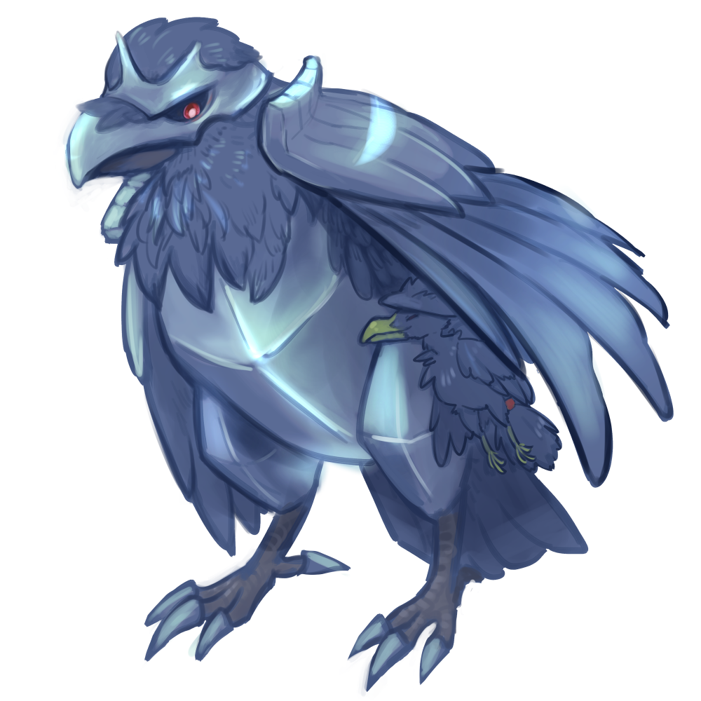 bird, corviknight, mame_sparrow, murkrow, no_humans, pokemon, pokemon_(creature), red_eyes, standing, under_wing, white_background