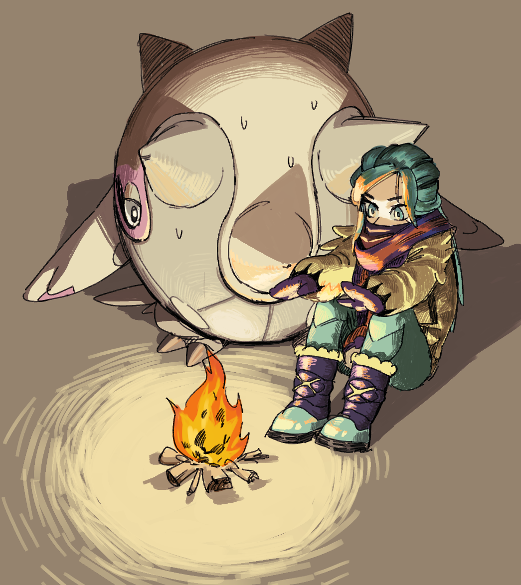 1boy, arms_up, black_eyes, blue_eyes, blue_hair, blue_pants, boots, bright_pupils, campfire, cetitan, claws, commentary_request, covered_mouth, dray_(meerkat_dray), fire, full_body, fur-trimmed_boots, fur_trim, gloves, grey_background, grusha_(pokemon), half-closed_eyes, jacket, knees_up, korean_commentary, long_hair, long_sleeves, male_focus, mittens, multicolored_boots, outstretched_arms, pants, pokemon, pokemon_(creature), purple_gloves, purple_scarf, scarf, sidelocks, sitting, spikes, sweat, trap, white_jacket, white_pupils, winter_clothes