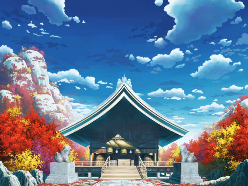autmn, autumn, building, cloud, clouds, east_asian_architecture, hakurei_shrine, komainu