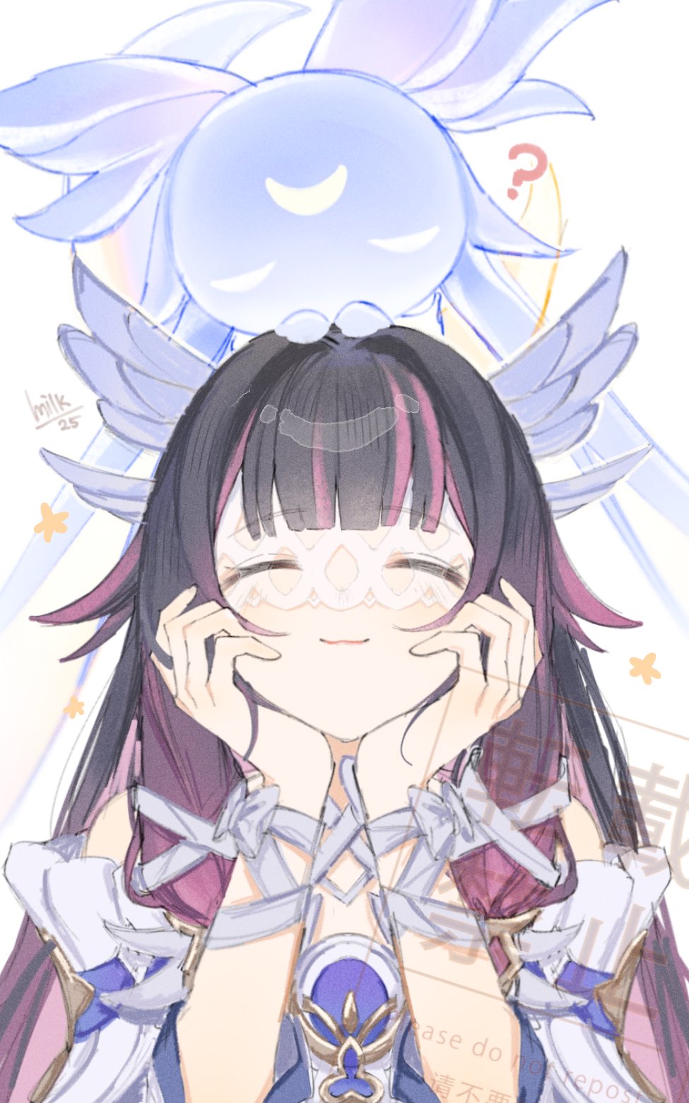 1girl, ?, artist_name, bare_shoulders, black_hair, bow, closed_eyes, closed_mouth