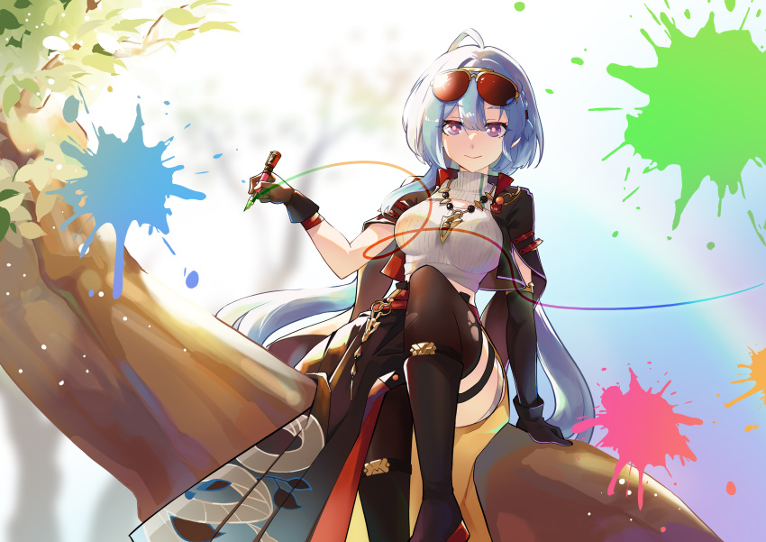 1girl, absurdres, asymmetrical_gloves, black_gloves, black_jacket, black_pantyhose, blue_hair, blurry