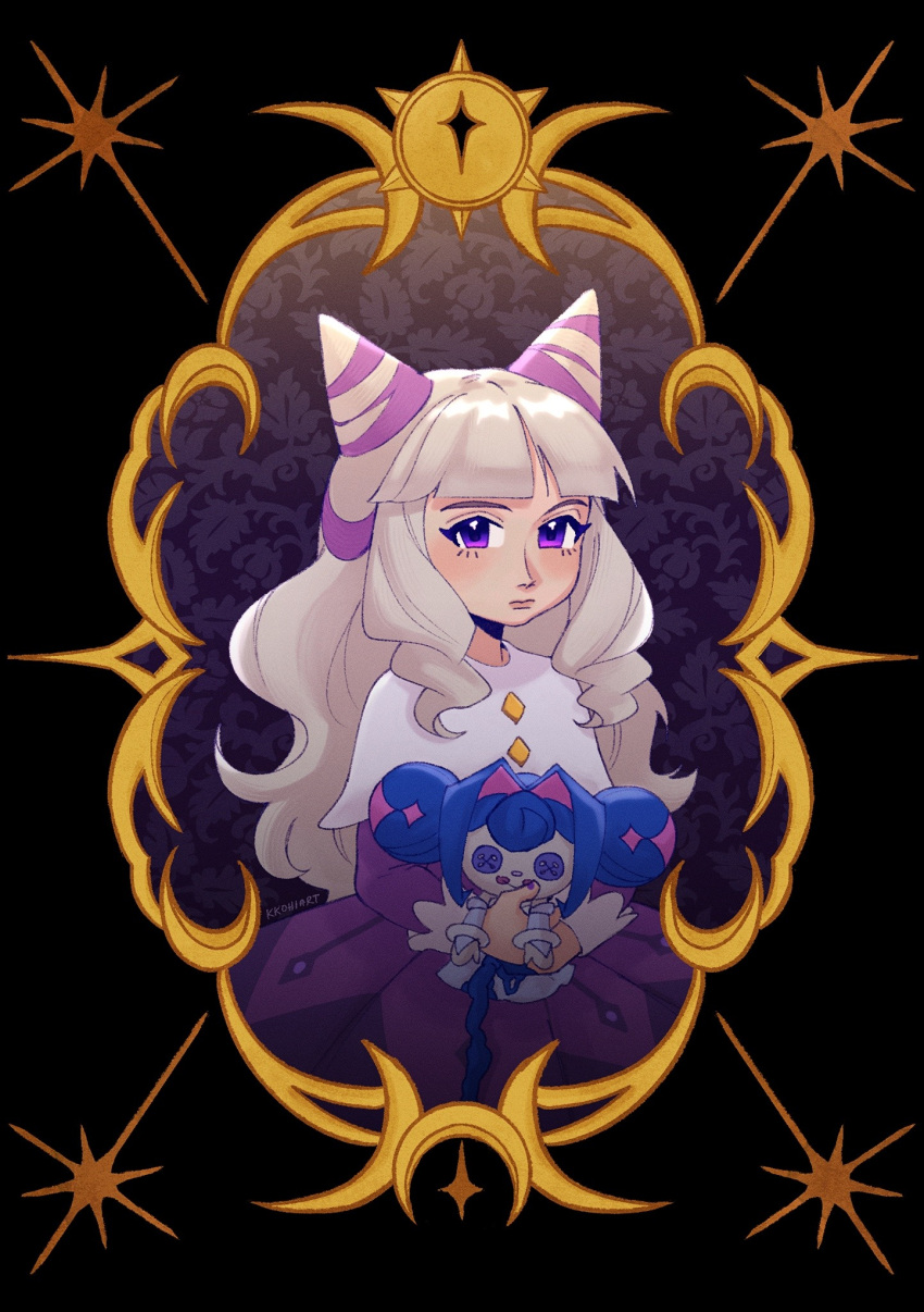 1girl, blood, blue_blood, blue_hair, blunt_bangs, character_doll, coat, cone_hair_bun, doll, double_bun, dress, hair_bun, hair_horns, highres, jacket, kkohiart, knights_of_guinevere, long_hair, olivia_park, princess_guinevere, purple_coat, purple_jacket, solo, violet_eyes, white_hair