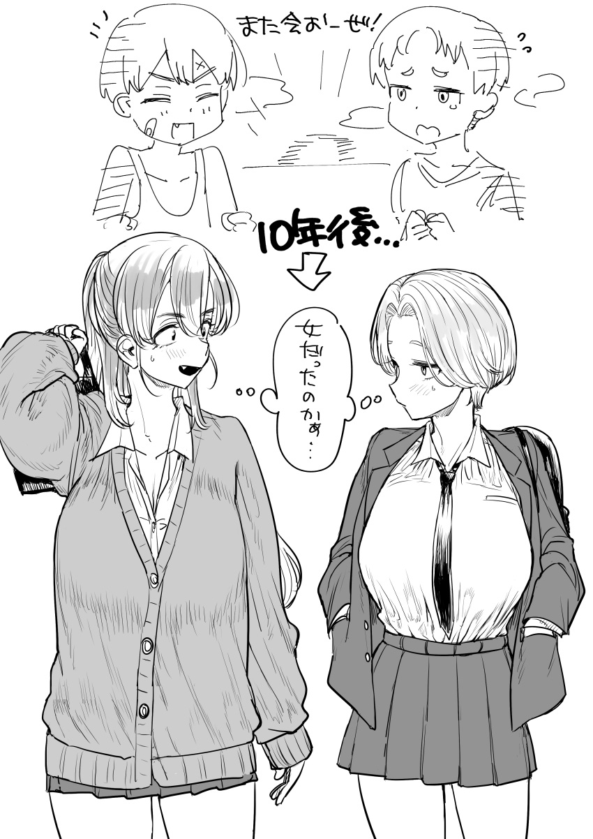 2girls, absurdres, age_progression, blush, breasts, commentary_request, greyscale, highres