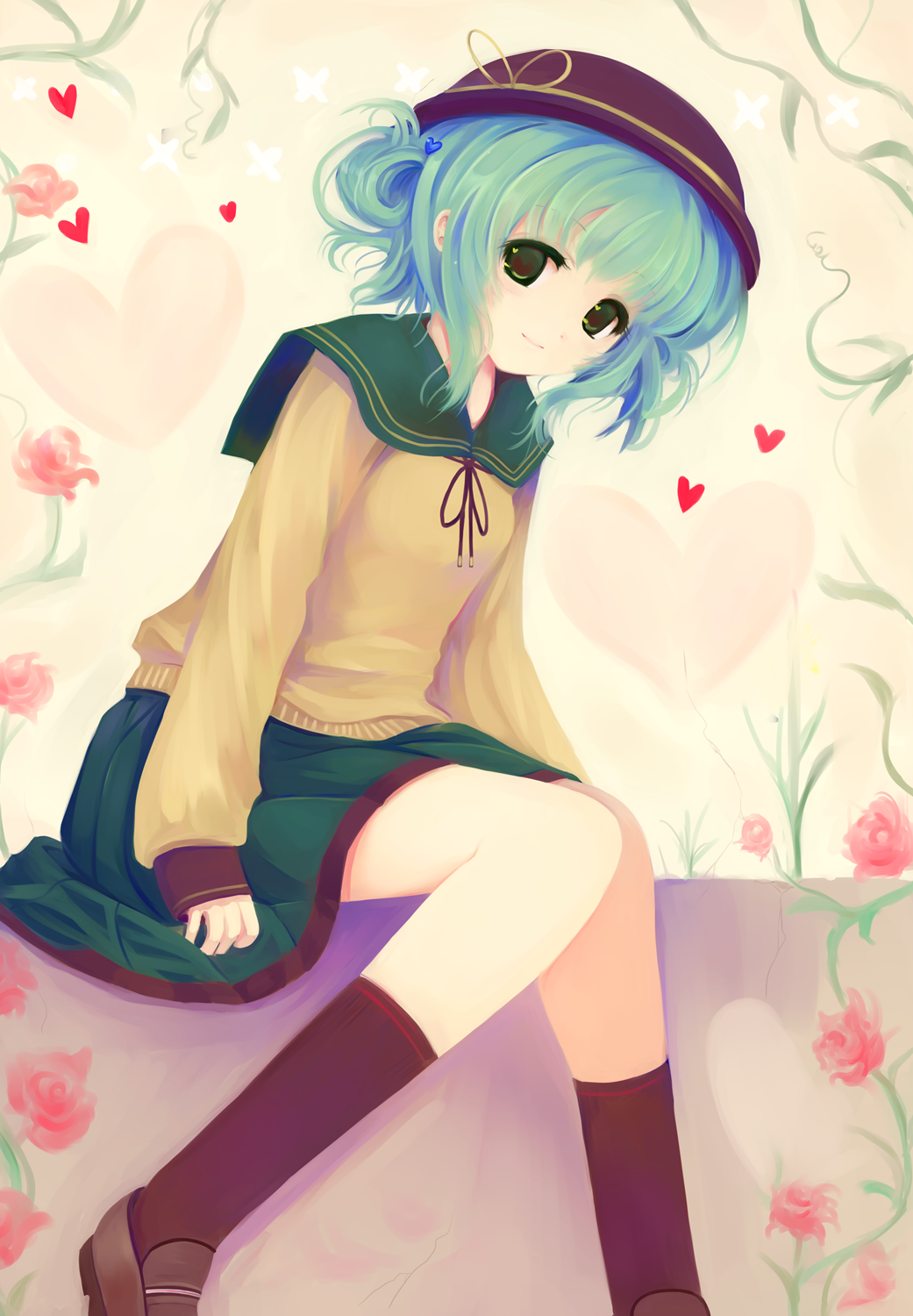 adapted_costume, aqua_hair, black_legwear, cetera, flower, footwear, green_eyes, hat