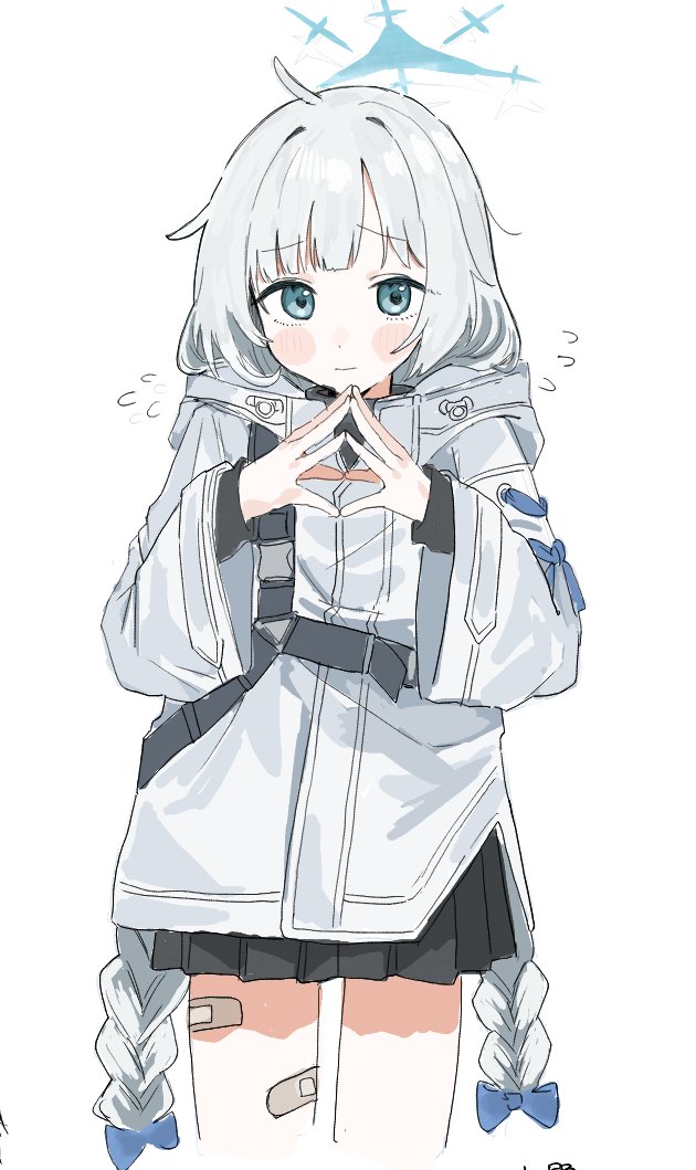 1girl, ahoge, bandaid, bandaid_on_leg, black_skirt, blue_archive, blue_eyes, blush