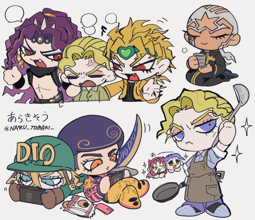 6+boys, afro, anger_vein, apron, battle_tendency, black_shirt, blonde_hair, blue_eyes, blue_shirt, blue_tail, brown_gloves, buttons, buzz_cut, cassock, chibi, chibi_only, closed_eyes, collared_shirt, cookie, cooking, cup, dark-skinned_male, dark_skin, diamond_button, diavolo, diego_brando, dinosaur_tail, dio_brando, ear_birthmark, earrings, fang, fingernails, food, frying_pan, gloves, green_eyes, green_headband, green_helmet, green_shirt, green_sweater, grey_apron, handheld_game_console, headband, helmet, highres, holding, holding_frying_pan, holding_handheld_game_console, horns, jacket, jewelry, jojo_no_kimyou_na_bouken, jojolion, kars_(jojo), kira_yoshikage, long_hair, male_focus, multiple_boys, muscular, muscular_male, naru_tomaki, nintendo_switch, orange_eyes, oven_mitts, pants, pink_hair, pink_shirt, playing_games, ponytail, priest, purple_hair, red_eyes, scary_monsters_(stand), sharp_fingernails, shirt, short_hair, sitting, sleeves_rolled_up, sparkle, stand_(jojo), stardust_crusaders, steel_ball_run, stone_ocean, sweater, tail, teddy_bear_ornament, tooru_(jojolion), topless_male, vento_aureo, very_short_hair, vinegar_doppio, violet_eyes, white_hair, yellow_jacket, yellow_pants