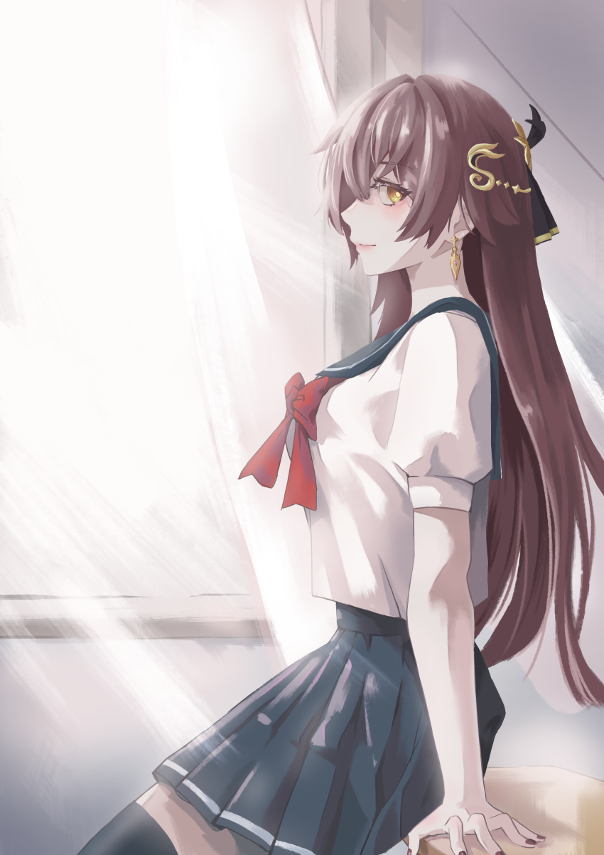1girl, absurdres, alternate_costume, black_thighhighs, blue_sailor_collar, blue_skirt, breasts, brown_hair