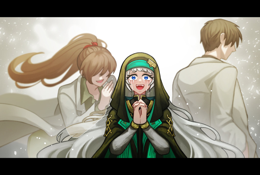 1boy, 2girls, arknights, ayin_(project_moon), black_hair, brown_hair, carmen_(project_moon), crying