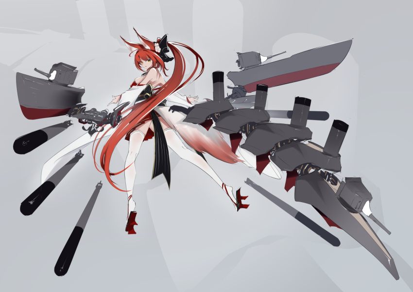 1girl, animal_ear_fluff, animal_ears, azur_lane, black_bow, bow, fox_ears, fox_girl, fox_tail, from_behind, full_body, hair_bow, high_ponytail, highres, japanese_clothes, looking_at_viewer, looking_back, naka_(azur_lane), ponytail, red_hair, red_skirt, rigging, satsukitou, ship_turret, sketch, skirt, solo, tail, thigh-highs, torpedo, white_thighhighs, yellow_eyes