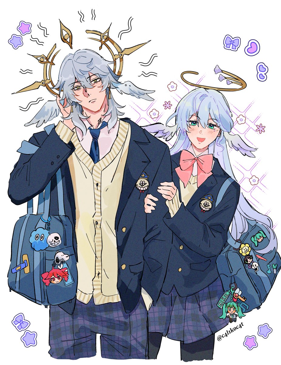 1boy, 1girl, alternate_costume, bag, blue_hair, bow, brother_and_sister, c4l1k0c4t