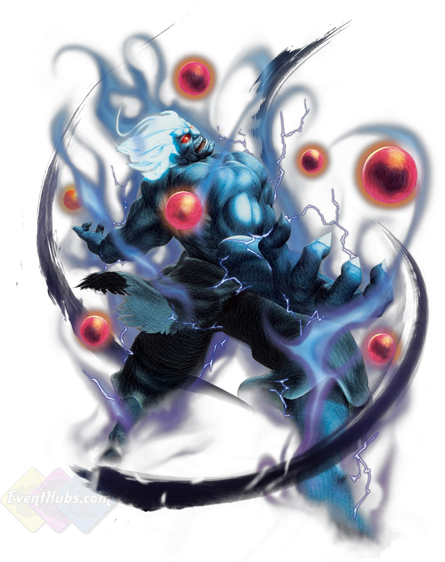 akuma, capcom, dougi, electricity, gouki, ikeno_daigo, ink, kuruoshiki_oni, official_art, oni_akuma, oni_gouki, prayer_beads, red_eyes, street_fighter, street_fighter_iv, torn_clothes, watermark