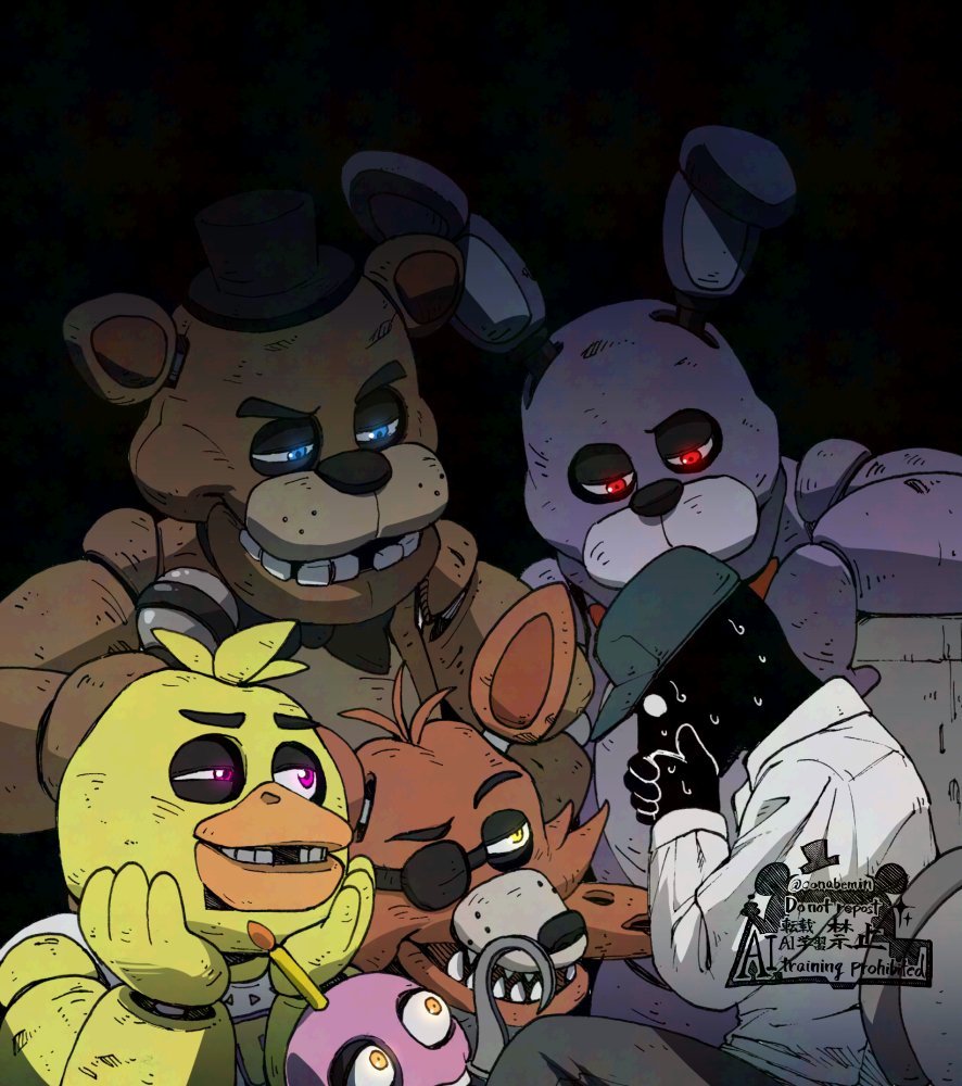 black_background, bonnie_(fnaf), chica, conabemin, covering_own_mouth, cupcake_(fnaf), english_commentary, engrish_commentary