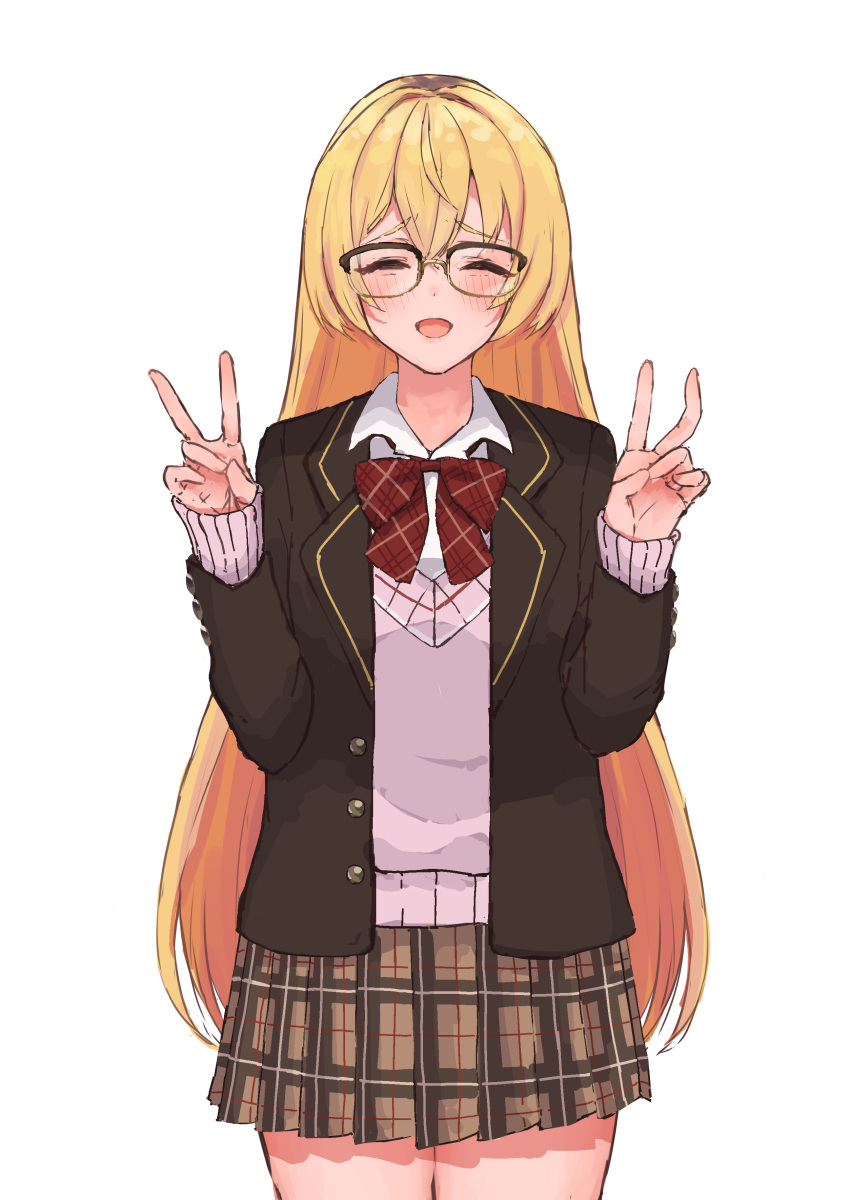 1girl, absurdres, black_jacket, blonde_hair, blush, bow, bowtie, brown_hair, brown_skirt, collared_shirt, cowboy_shot, double_v, glasses, highres, ienaga_mugi, ienaga_mugi_(7th_costume), jacket, koutate, long_hair, long_sleeves, looking_at_viewer, nijisanji, open_clothes, open_jacket, open_mouth, pink_sweater, plaid_clothes, plaid_skirt, pleated_skirt, red_bow, school_uniform, shirt, skirt, sleeves_past_wrists, smile, solo, sweater, v, virtual_youtuber, white_background