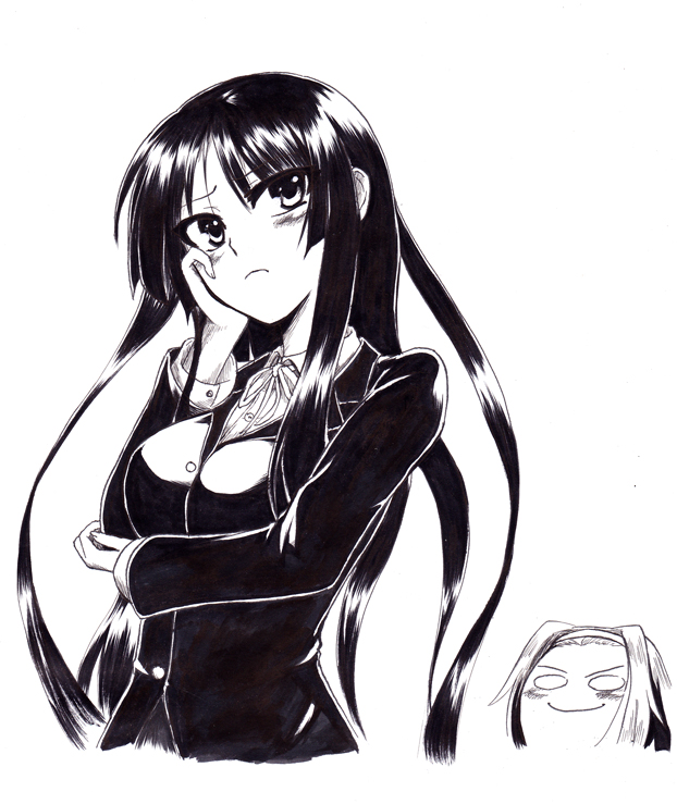 akiyama_mio, blush, hairband, k-on!, long_hair, monochrome, multiple_girls, smile