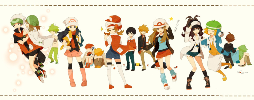 6+girls, ahoge, alternate_costume, atori12, bad_id, bandana, baseball_cap, bel_(pokemon), bell_(pokemon), black_hair, blonde_hair, blue_(pokemon), brown_hair, cabbie_hat, cheren_(pokemon), cheren_(pokemon)_(cosplay), cosplay, costume_switch, denim, denim_shorts, footwear, glasses, glasses_removed, gold_(pokemon), gold_(pokemon)_(cosplay), gold_(pokemon)_(remake), green_hair, haruka_(pokemon), haruka_(pokemon)_(remake), haruka_(pokemon_emerald), hat, hat_removed, headwear_removed, hikari_(pokemon), holding, holding_poke_ball, jewelry, jun_(pokemon), jun_(pokemon)_(cosplay), kotone_(pokemon), kouki_(pokemon), leaf_(pokemon), loose_socks, mitsuru_(pokemon), mitsuru_(pokemon)_(cosplay), multiple_boys, multiple_girls, n_(pokemon), n_(pokemon)_(cosplay), necklace, ookido_green, ookido_green_(cosplay), orange_legwear, pantyhose, poke_ball, pokemon, pokemon_(game), pokemon_black_and_white, pokemon_bw, pokemon_diamond_and_pearl, pokemon_dppt, pokemon_emerald, pokemon_firered_and_leafgreen, pokemon_frlg, pokemon_gsc, pokemon_heartgold_and_soulsilver, pokemon_hgss, pokemon_rgby, pokemon_rse, porkpie_hat, red_(pokemon), red_(pokemon)_(classic), red_(pokemon)_(cosplay), red_hair, redhead, scarf, shorts, silver_(pokemon), silver_(pokemon)_(cosplay), silver_(pokemon)_(remake), skirt, socks, topless, touko_(pokemon), touya_(pokemon), translated, yuuki_(pokemon), yuuki_(pokemon)_(remake), yuuki_(pokemon_emerald)