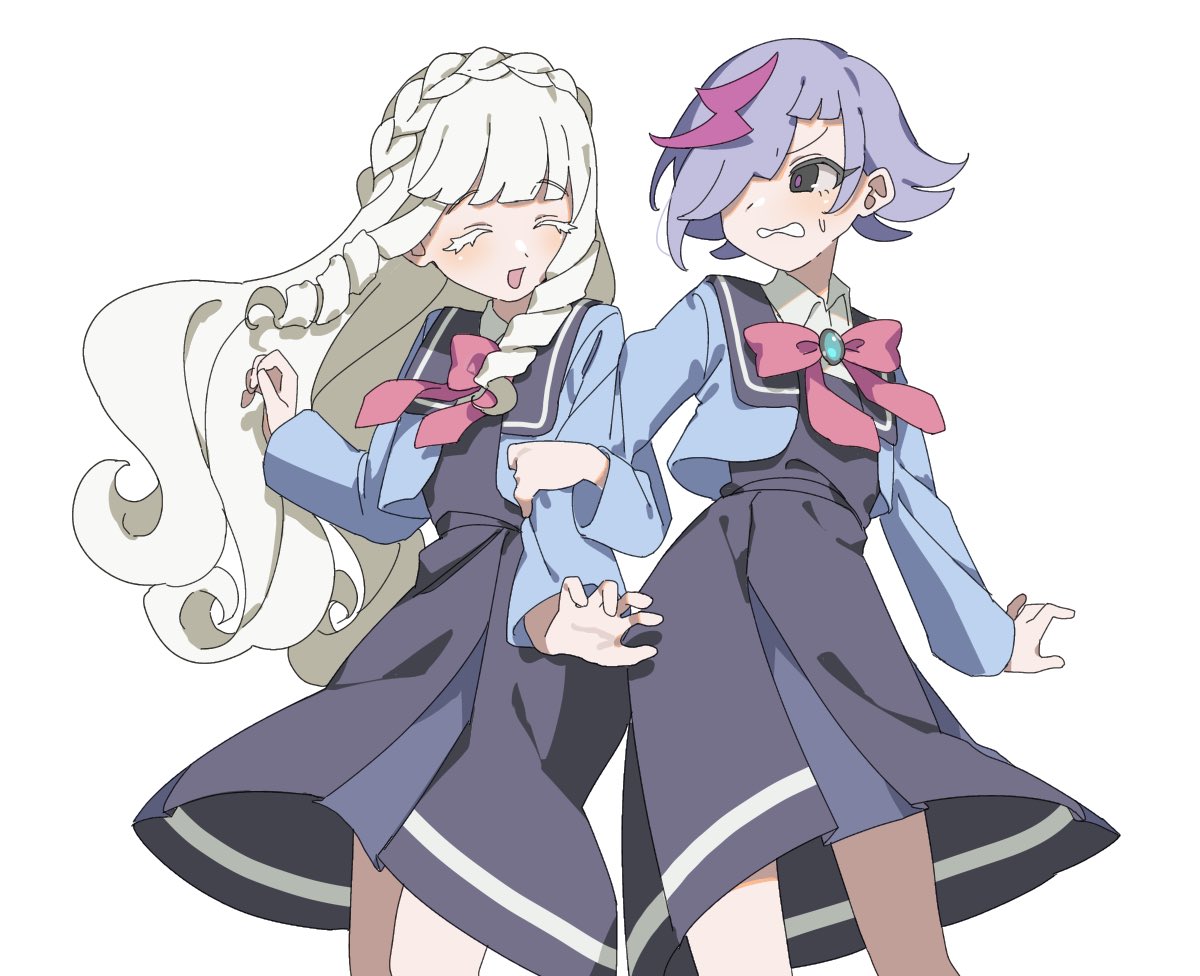 2girls, :d, arm_at_side, black_eyes, blue_dress, blue_gemstone, blue_jacket, blue_sailor_collar
