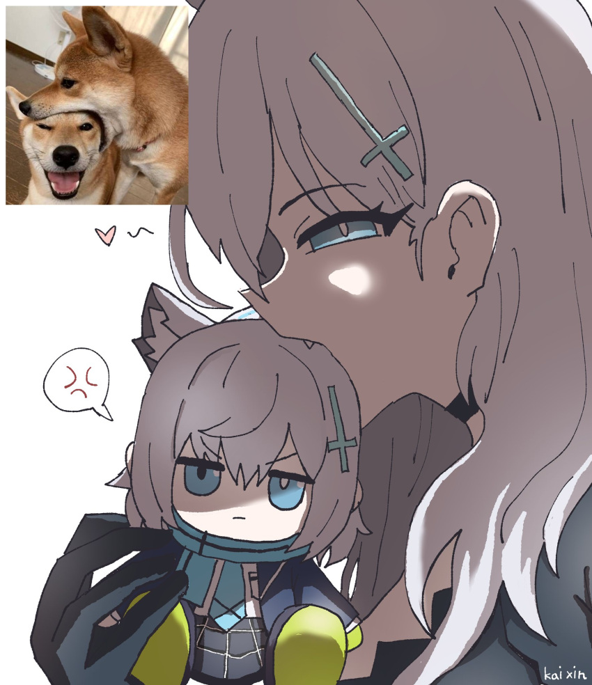 >:(, 2girls, anger_vein, animal_ears, biting_another's_head, black_choker, blue_archive, blue_necktie