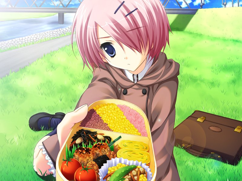 akane-iro_ni_somaru_saka, bag, blue_eyes, bridge, food, game_cg, grass, hands