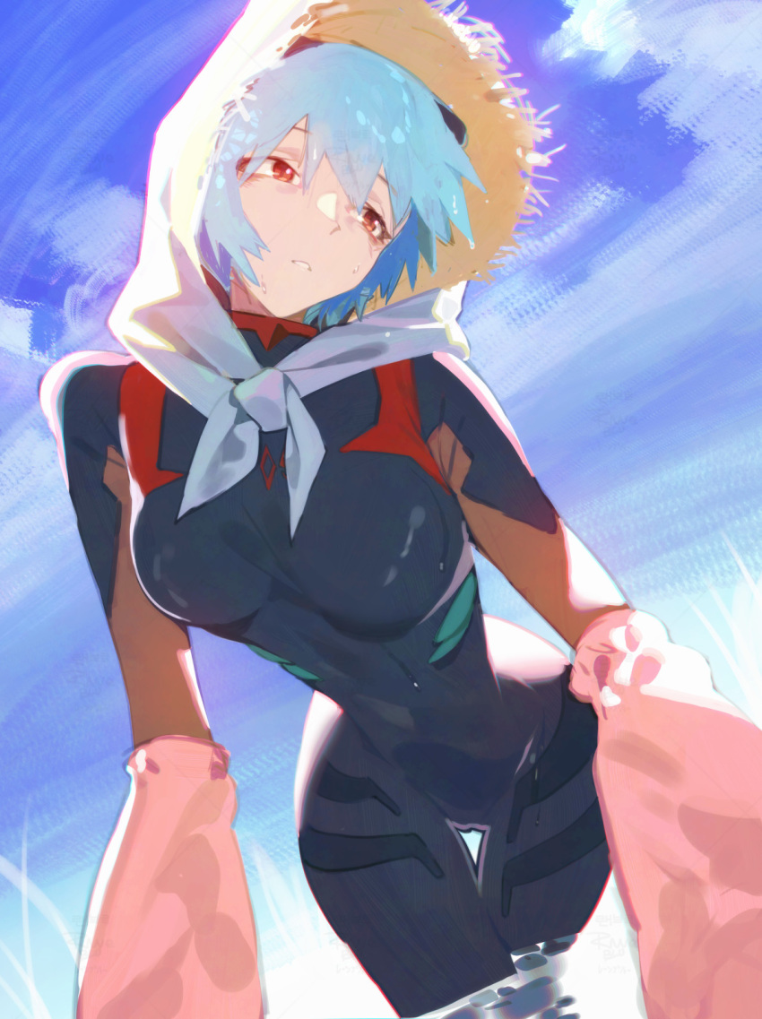 1girl, ayanami_rei, black_bodysuit, blue_hair, bodysuit, bonnet, breasts, hat