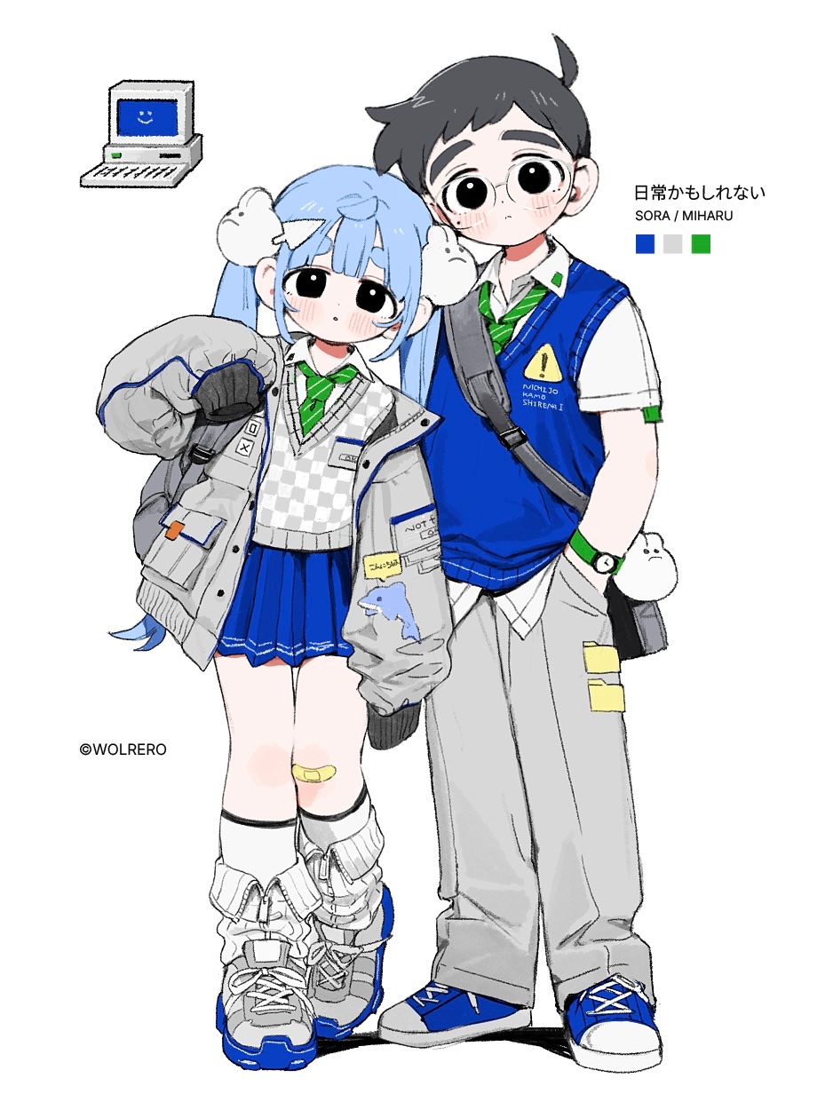 1boy, 1girl, ahoge, bag, bandaid, bandaid_on_leg, black_hair, blue_hair