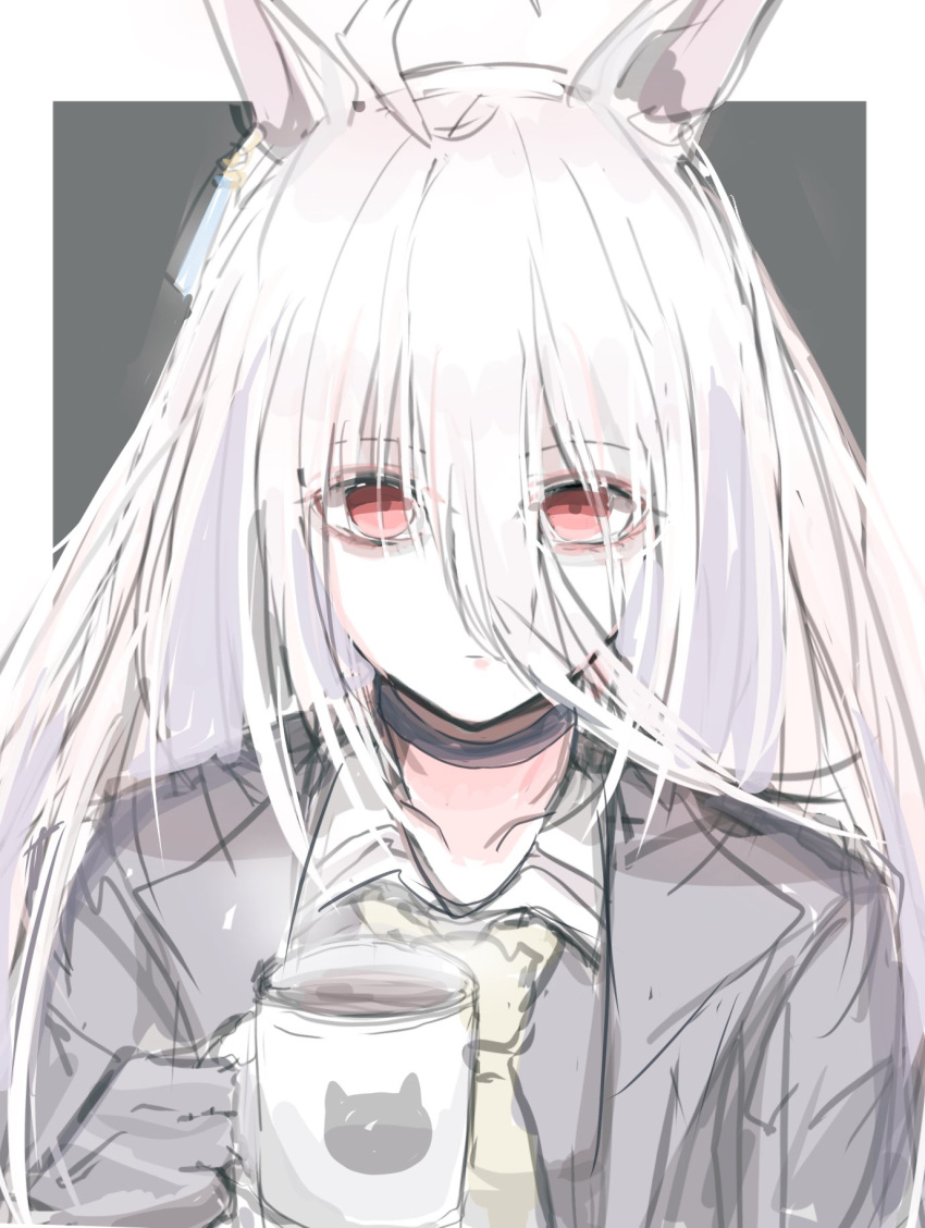 1girl, ahoge, alternate_eye_color, alternate_hair_color, animal_ears, black_choker, black_gloves, black_jacket