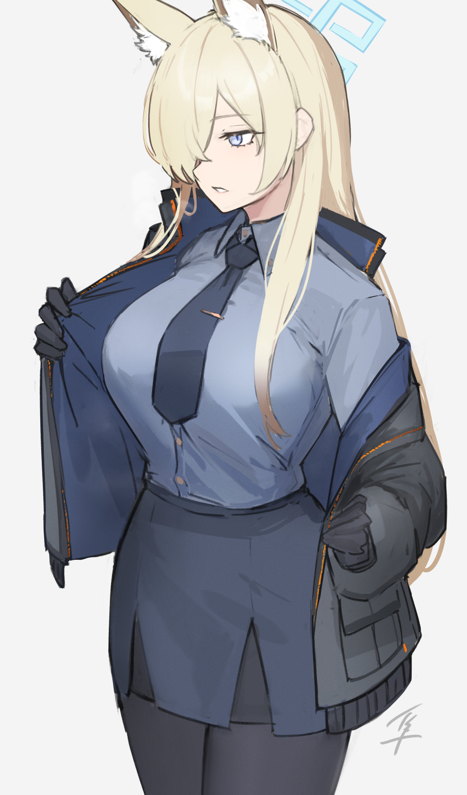 1girl, animal_ear_fluff, animal_ears, black_gloves, black_jacket, black_necktie, blonde_hair, blue_archive, blue_eyes, blue_halo, blue_shirt, blue_skirt, breasts, collared_shirt, dog_ears, dog_girl, gloves, grey_background, hair_over_one_eye, halo, hayabusa_(vert_320), highres, jacket, kanna_(blue_archive), large_breasts, long_hair, necktie, pantyhose, parted_lips, pencil_skirt, police, police_uniform, policewoman, shirt, simple_background, skirt, solo, standing