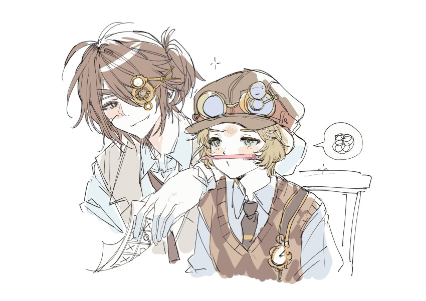 1boy, 1girl, :3, balancing_on_lips, blonde_hair, blush, brown_hair, brown_necktie, brown_vest, fangs, gardenof, gloves, hair_between_eyes, half-closed_eyes, highres, identity_v, looking_ahead, looking_at_another, luca_balsa, luca_balsa_(graduation_day), necktie, official_alternate_costume, ponytail, shirt, short_hair, tracy_reznik, tracy_reznik_(tuning), vest, white_gloves, white_shirt, yellow_eyes