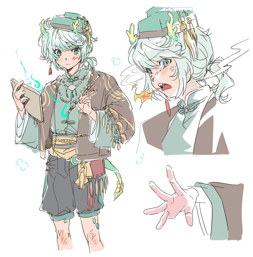 1boy, absurdres, anger_vein, bead_necklace, beads, breath_weapon, breathing_fire, dragon_tail