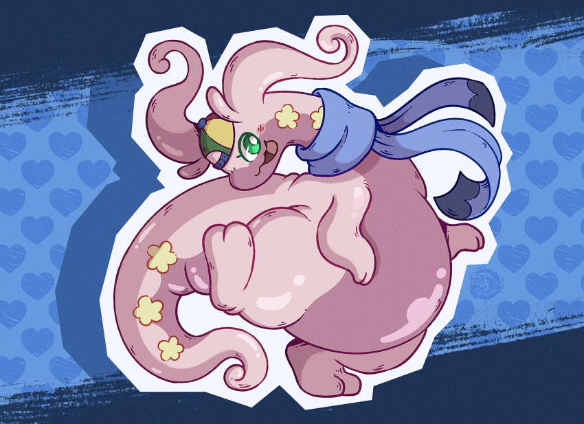 antennae, blue_background, blue_border, blue_scarf, border, dragon, flower, full_body, goodra, green_eyes, hat, heart, heart_background, highres, looking_at_viewer, no_humans, open_mouth, ouroborotter, pokemon, pokemon_(creature), pokemon_focus, scarf, simple_background, slime_(substance), slug, solo, standing, yellow_flower