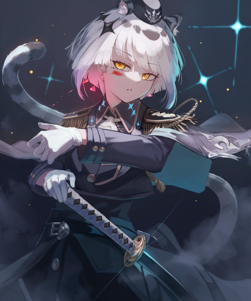 1girl, animal_ears, ascot, belt, belt_buckle, blood, blood_on_face, breasts