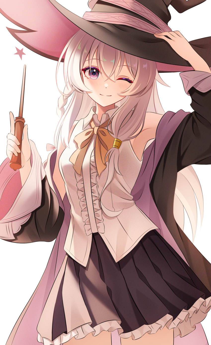 1girl, absurdres, armpit_crease, armpits, black_coat, black_hat, black_skirt, blush