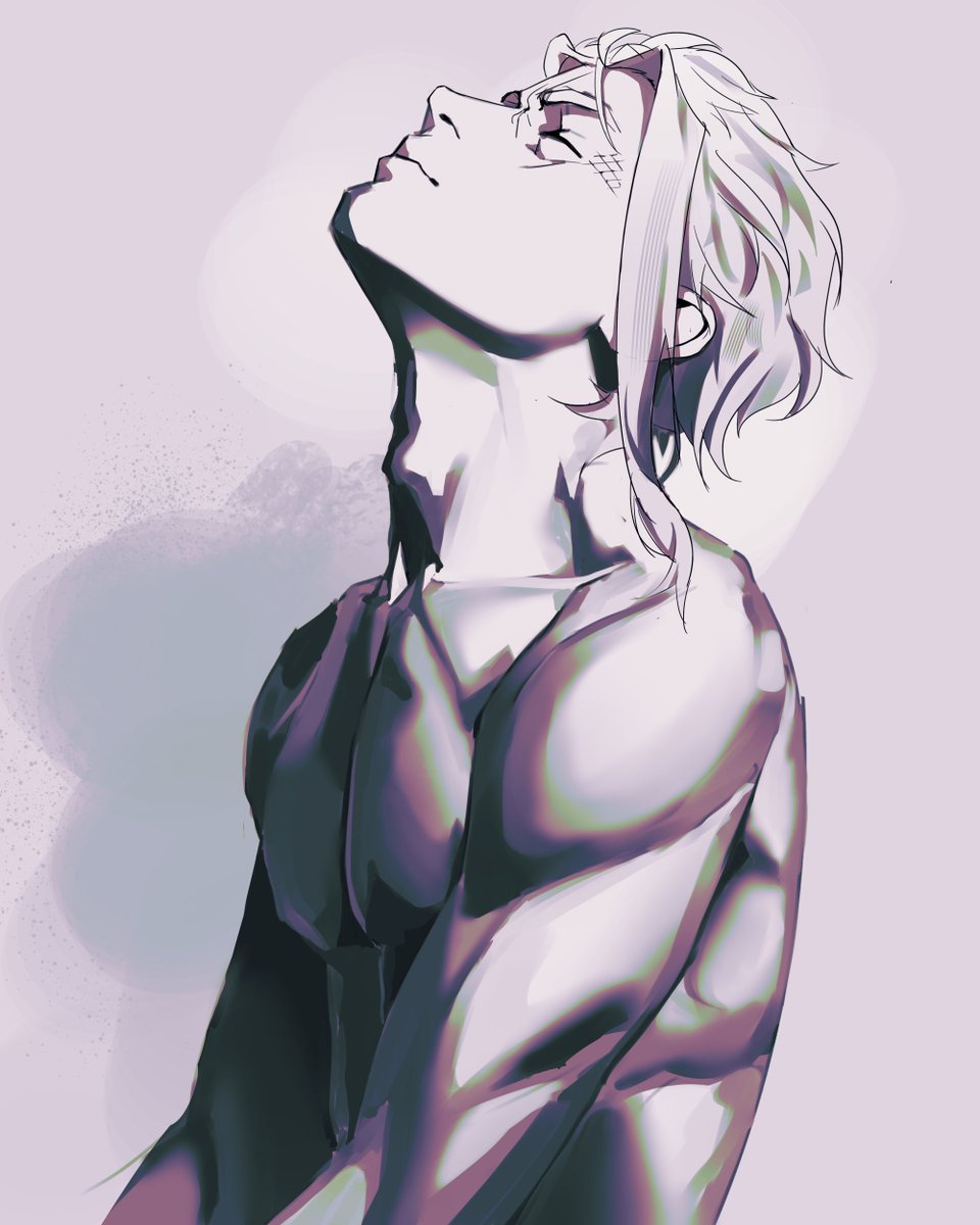 1boy, adam's_apple, bare_arms, bare_pectorals, bare_shoulders, closed_eyes, greyscale, highres