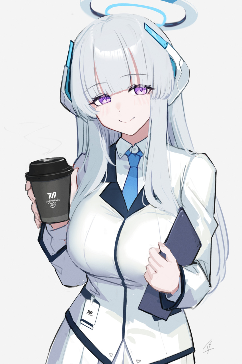 1girl, blue_archive, blue_necktie, breasts, closed_mouth, cup, disposable_coffee_cup, disposable_cup