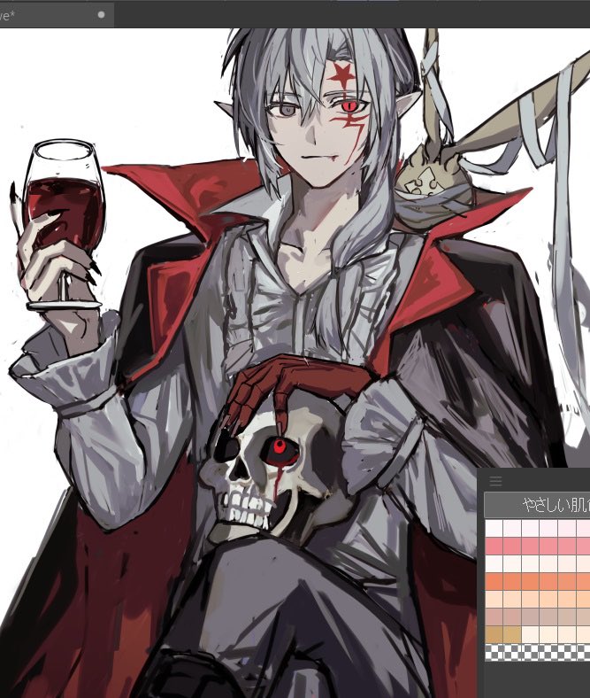 1boy, alcohol, allen_walker, art_program_in_frame, black_cloak, black_nails, cloak, collarbone