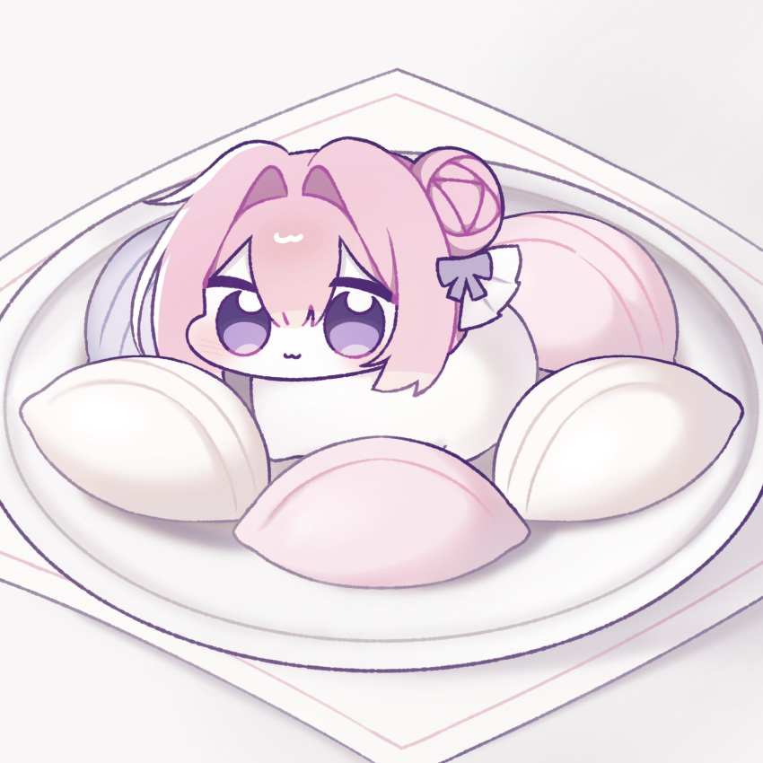 :3, blush, bow, closed_mouth, commentary_request, creature, doro_(nikke), double-parted_bangs, food, food_request, full_body, goddess_of_victory:_nikke, gyulnyan_519, hair_between_eyes, hair_bow, hair_bun, hair_intakes, highres, korean_commentary, looking_at_viewer, on_plate, pink_hair, plate, purple_bow, short_hair, simple_background, single_hair_bun, smile, solo, surrounded_by_food, violet_eyes, white_background