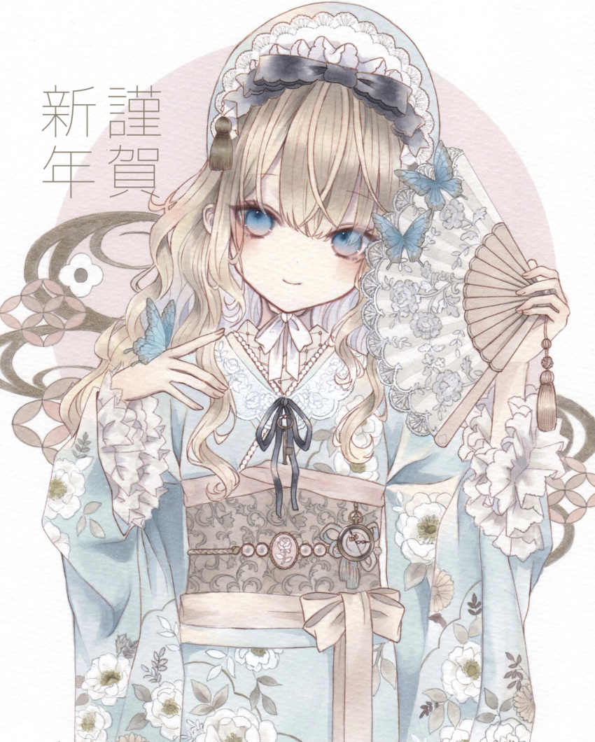 1girl, black_bow, black_ribbon, blonde_hair, blue_butterfly, blue_eyes, bonnet, bow