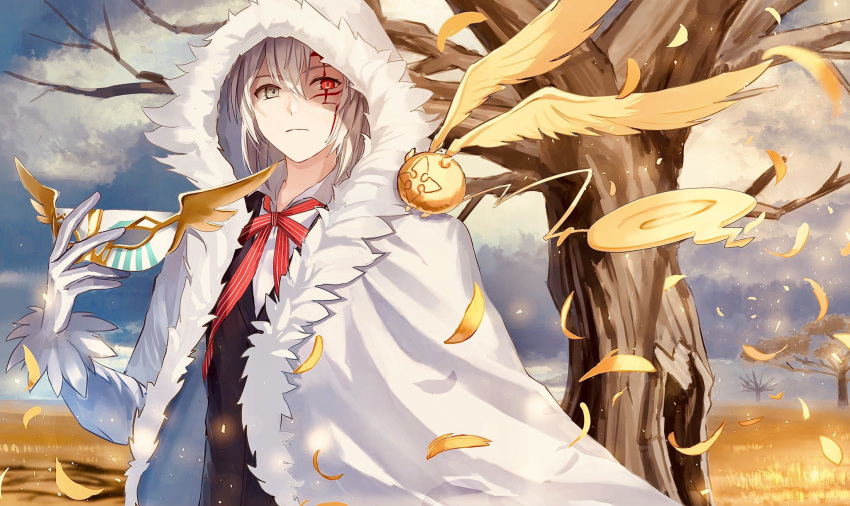 1boy, allen_walker, bare_tree, black_vest, blue_sky, cloak, clouds, collared_shirt